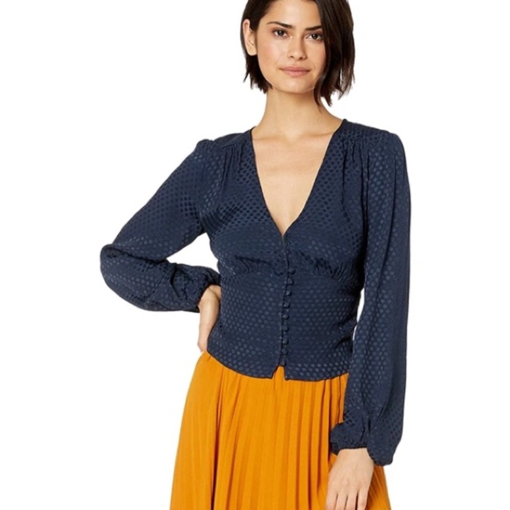 Sanctuary Navy Blue Polka Dot Textured Blouse Button Front Size Small